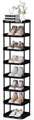 8 Tier Vertical Narrow Shoe Rack, Stackable Tall Skinny Shoerack, Compact Single Shoes Storage Tower for Slim Space, Corner Plastic Shelves, for Hallways, Entryway, Bedrooms Organizer, Black