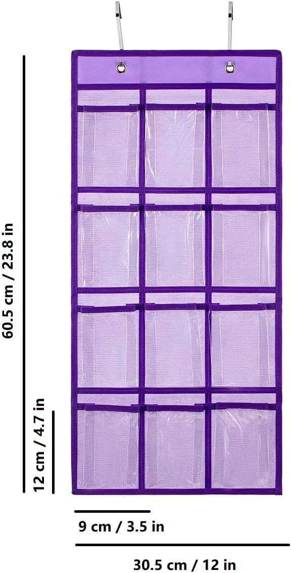 2 Pcs Classroom Pocket Chart Cell Phone Organizer Calculator Holder Over The Door Hanging Storage for Sock Underwear Jewelry with 12 Clear Pockets (Purple)