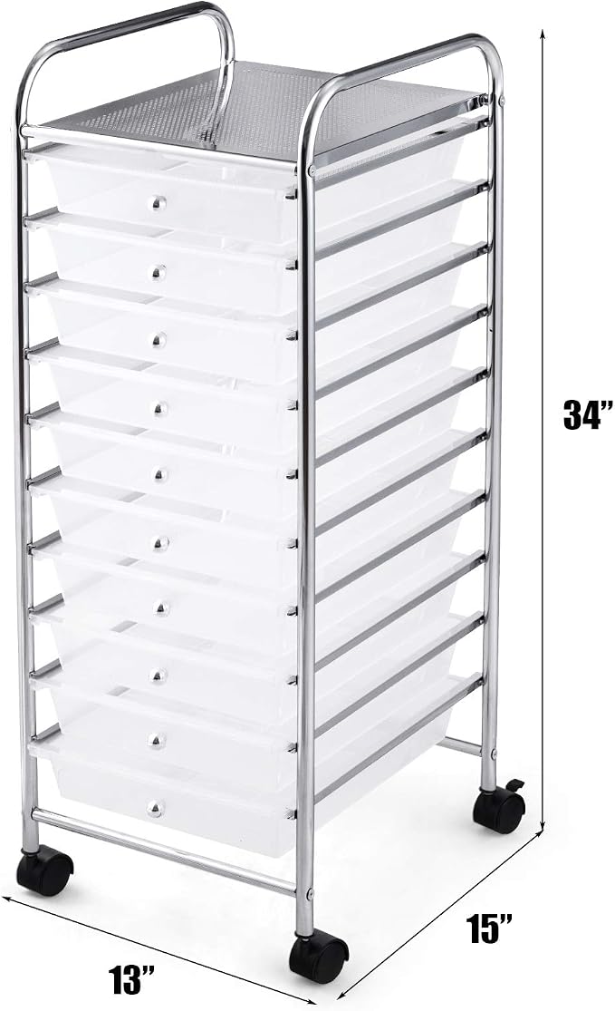 Happygrill 10-Drawer Storage Cart, Utility Cart with Removable Drawers & Metal Frame, Rolling Storage Cart with Lockable Wheels for Home, Office, Clear