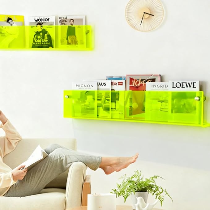 ROYALITA 2-Pack Acrylic Magazine Holder Brochure Holder, Green 36 Inch | Record Magazine Rack, Fashion Floating Bookshelf, Literature Storage Rack for Waiting Room, Living Room, Office