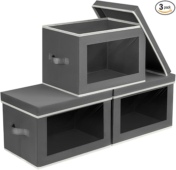 Homsorout Storage Bins with Lids - Fabric Storage Boxes with Lids, Collapsible Storage Bins with Window, Decorative Closet Organizers and Storage for Clothes, Towels, Books, 3 Pack, Dark Grey