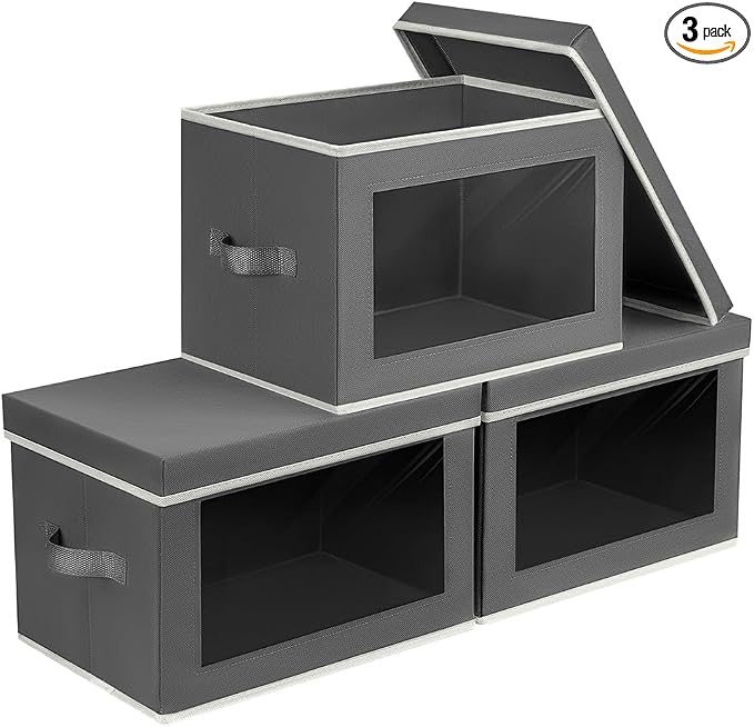 Homsorout Collapsible Storage Bins with Lids - Stackable Storage Containers with Window, 3 Pack Fabric Bins for Closet, Home & Office Organization Baskets, Dark Gray, 14.9" x 9.8" x 9.8"