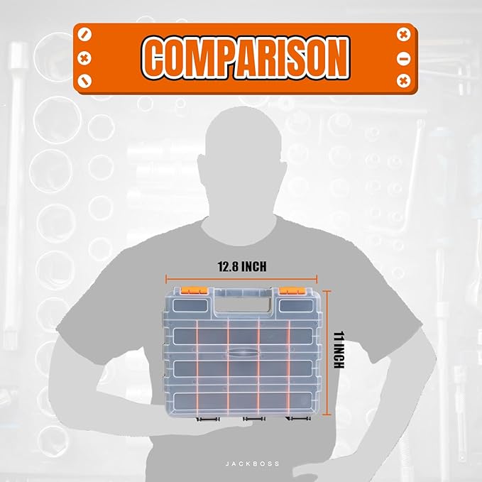 Jack Boss Tool Box with Transparent Lid, Double Side 34-Compartments Organizer Box with Removable Dividers for Hardware, Screws, Bolts, Nails, Beads, Jewelry and Fishing Accessories, Orange, 4 Pack