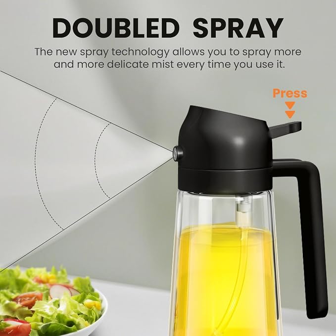 Oil spray can for kitchen, two in one leak proof plastic oil spray bottle, delicate handle spray olive oil can, reusable oil spray bottle, suitable for air frying pan, kitchen, salad, barbecue, baking