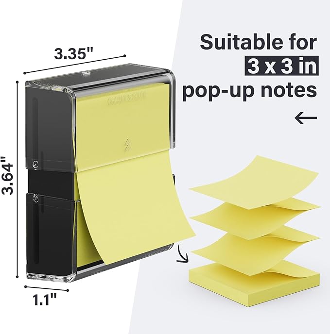 SMART&COOL Magnetic Pop-Up Note Dispenser for 3 x 3 in Accordion-Style Sticky Notes, Sticky Note Holder for Fridge, File Cabnets or Office Supplies, 1Pack, Clear & Black (Notes Not Included)