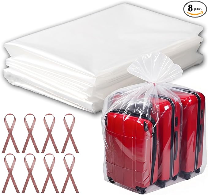 8 Pcs 45x65 inches Extra Large Clear Plastic Bags Perfect for Car Seat, Luggage, Suitcase, Stroller, Chair, Kids Bike and Furniture Storage (2 Mil Flat Bags, Include 8 Ties)