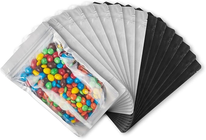 LZLPACKING 100 Pieces resealable Mylar Bags with Clear Front Window,Smell Proof Edible Packaging,Stand up Pouches Bags for Food Storage(black,6×9 Inch)