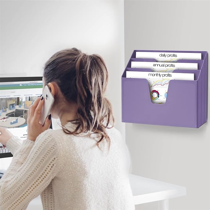 Acrimet Horizontal Triple File Folder Holder Organizer, Open Top Desktop Document Sorter for Letter Size Papers & Folders, Plastic (Solid Purple) | 3 compartments to separate and organize documents, folders and papers