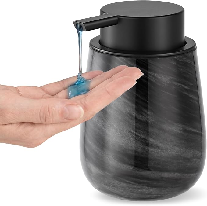 Marble Glass Liquid Soap/Lotion/Hand Sanitizer Pump Dispenser, Refillable for Kitchen and Bathroom Countertop (Black)