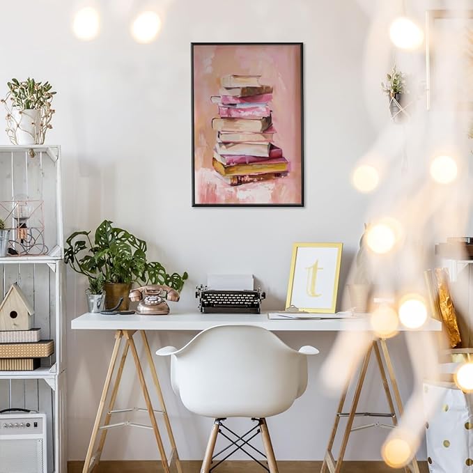Pastel Book Stack Art Aesthetic Poster Canvas Wall Art Decoration Living Room Home Decor Bedroom Decoration Poster black framed20x30inch