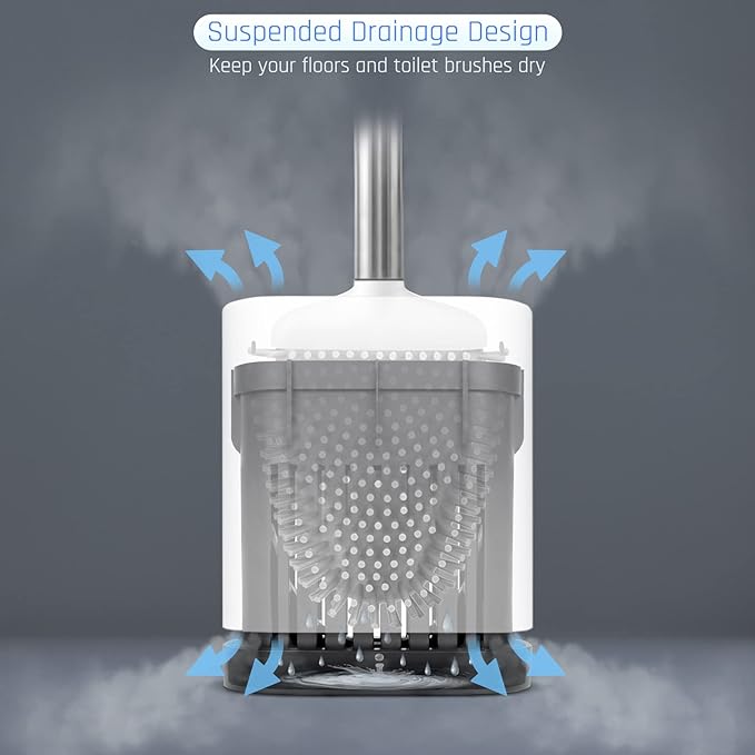 Sellemer Silicone Toilet Brush, Ventilation Slots Base Holder 1 Pack, White | Flexible Bristles Flat Head for Rim, Hair Tangle-Free, Easy to Clean, Compact Design, Rustproof Handle, for Toilet/Sink/Tub
