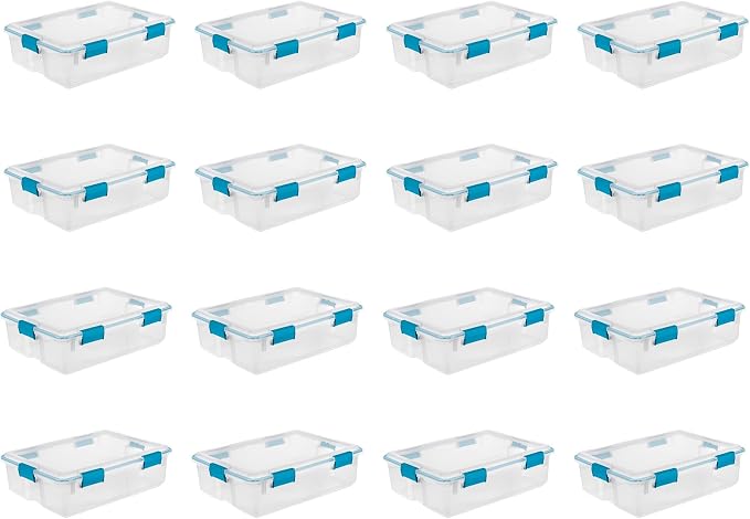 Sterilite 16-Pack Gasket Box, Weather-Resistant Storage Bins with Latching Lids, 37 Quart - Heavy-Duty Organizing Containers for Closet, Bathroom, and Office