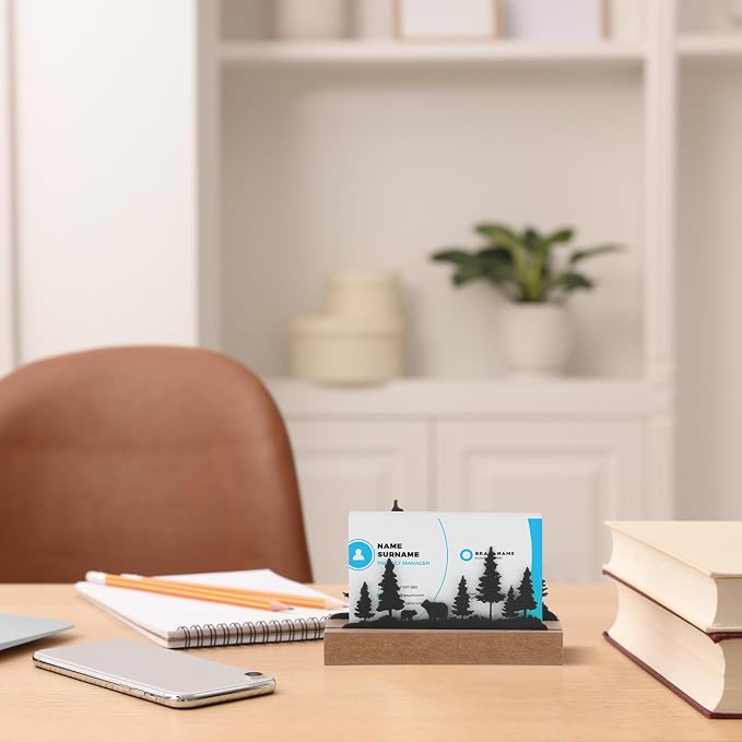 CroBlissful 2 Pcs Bear Business Card Holders for Desk, Wood&metal Black Cabin Bear Forest Silhouette Business Card Display Stand for Home Office