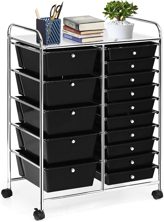 LUARANE Rolling Cart with 15 Drawers, Craft Storage Cart with Portable Handles & Lockable Wheels, Mobile Toys Organizer, Large Capacity Utility Drawer Cart Home Office School Teacher (Black)