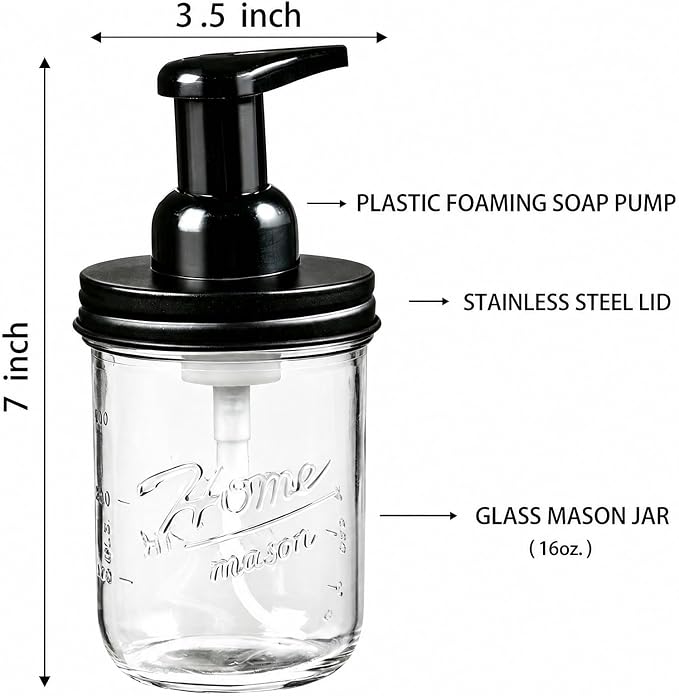 SheeChung Mason Jar Foaming Soap Dispenser, Glass Foaming Hand Soap Dispensers, Stainless Steel Lid, Refillable Foam Soap Dispenser for Bathroom Kitchen, Farmhouse Bathroom Decor (1 Pack, Black)