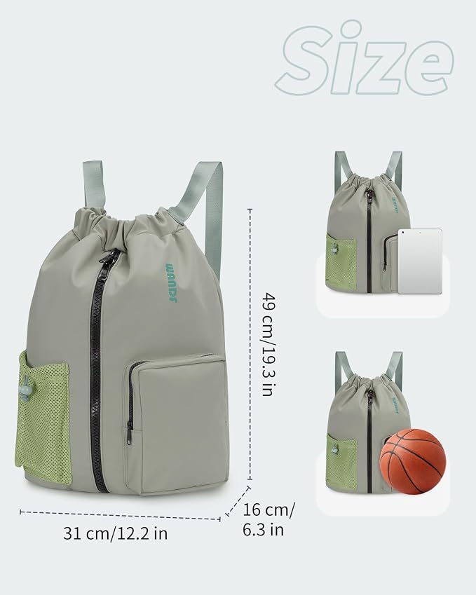 WANDF Drawstring Backpack with Shoe Compartment, Sports Gym Bag | Multi-Pocket Storage, Water-Resistant Fabric, Cinch String Bag