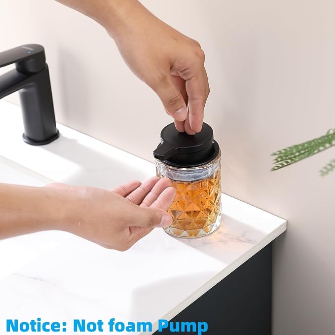 Glass Soap Dispenser Bathroom Soap Dispenser 10 oz Black Pump(Can't Foam), Countertop Refillable Clear Glass Bottle with Large Pump Head Big Cup Mouth Diamond Pattern