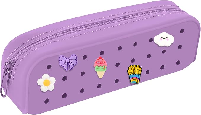 BestStone Silicone Small Pencil Pouch – Small Pencil Case with DIY Holes and 10 Decorative Charms, Multipurpose Makeup Bag or Stationery Organizer, Large Capacity(Purple)