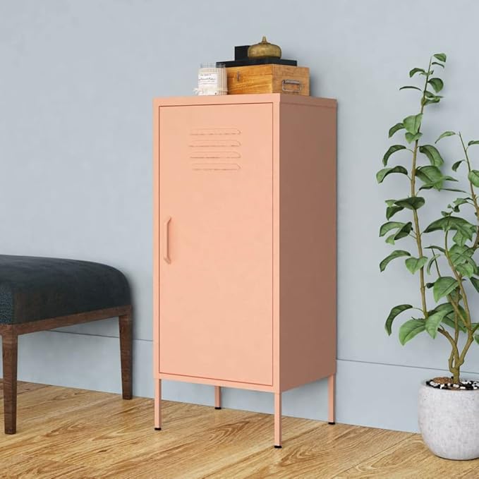Modern Pink Steel Storage Cabinet with Adjustable Shelves, 40 Inch Tall Rectangular Design for Books DVDs Display, Sturdy Metal Organizer with Wall-Mount Safety Feature, Easy