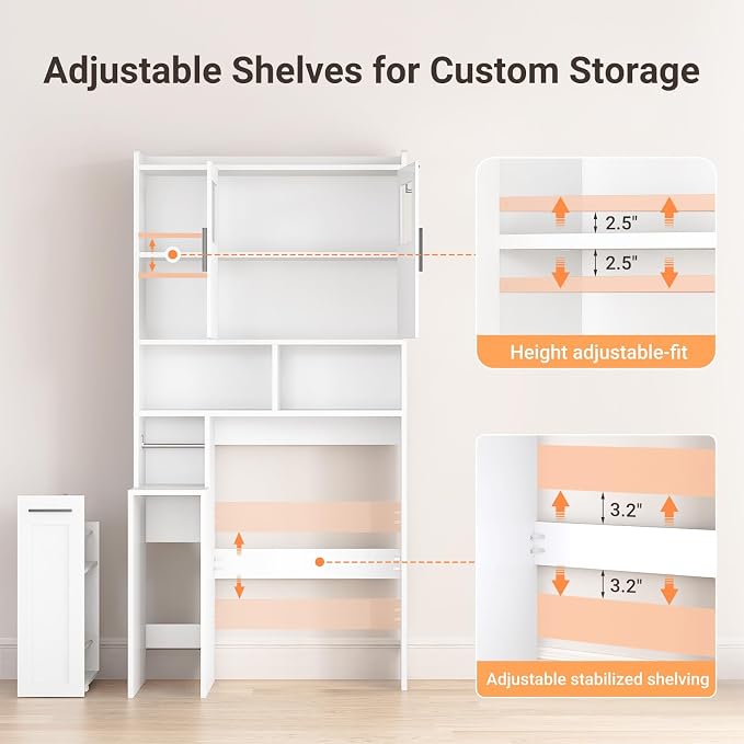 ELYKEN Over The Toilet Storage Cabinet with Pulley Bathroom Storage Cabinet, Home Space-Saving Over Toilet Rack with Glass Doors & Open Adjustable Shelf for Bathroom, Restroom, Laundry, White