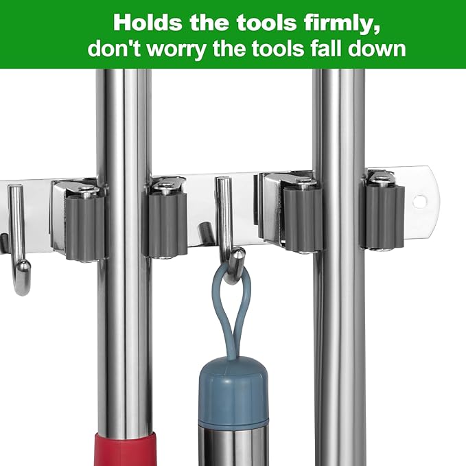 voze [2 Pack] 5 Racks and 4 Hooks Mop and Broom Holder Wall Mount, Self Adhesive Heavy Duty Broom Organizer Storage Tool Racks for Kitchen Garden Laundry Garage, 304 Stainless Steel, Silver