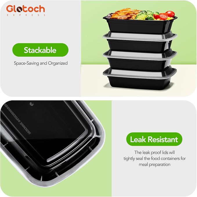 Glotoch Express Meal Prep Containers with Lids 16oz 50 Pack Leakproof | Reusable Food Storage Containers Airtight Microwave Freezer Safe Stackable Bento Lunch Boxes Ideal for Meal Prep Takeout