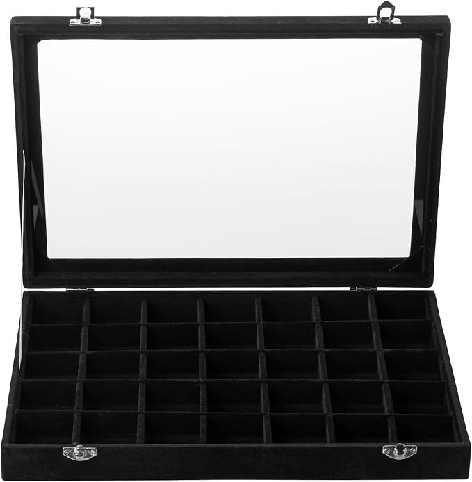 Frebeauty Velvet Jewelry Tray,35 Grid Jewelry Organizer with Clear Lid,Earring Holder Organizer Case with Clasp,Drawer Insert for Rings Studs,13.8 x 9.5 x 2 Inches,Gift for Women Girls(Black) | Drawer Jewelry Organizer for Rings Studs Beads,Adjustable ...
