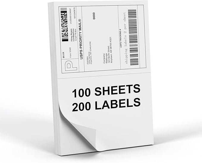 Half Sheet 8.5x5.5inch Shipping Mailing Label 200 Counts, 2 Labels Per Sheet 8.5 x 11 for Laser & Inkjet Printer, Permanent Adhesive Label Square Corner (100 Sheets)