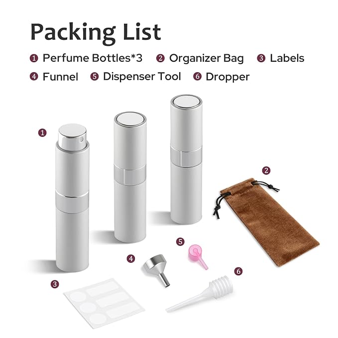LISAPACK 8ML Atomizer Perfume Spray Bottle for Travel (3 PCS) Empty Cologne Dispenser, Portable Sprayer (Silver)