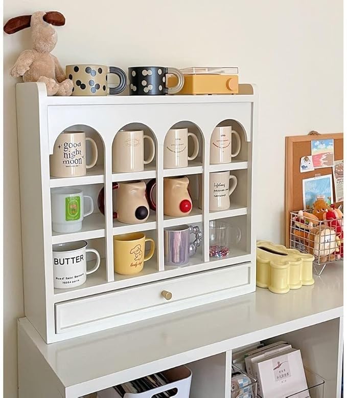 Closet Organizers and Storage 3 Tier Coffee Mug Cabinet Organizer with Drawer Wooden Cupboard Water Cup Storage for Countertop,Holds 12 Mugs-Kitchen Storage Cabinet Convenient,Neat and Beauti