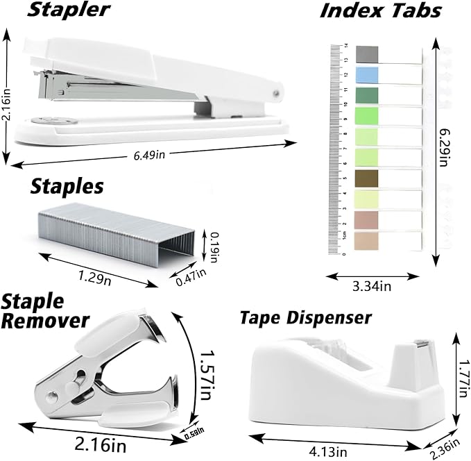 sportsvoutdoors White Desk Accessories, Modern Minimalist Office Supplies Set, Large Stapler, Tape Dispenser, Scissors, Paper Clips, Tabs with Ruler