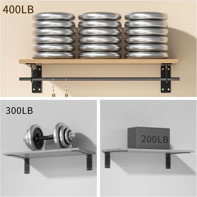 13.5x5.6in Heavy Duty Closet Rod Bracket Support 400lbs(2pc Black ) | Wall Mounted Sturdy Easy to Install Carbon Steel L-Shaped Shelf Brackets with Rod Holders for Laundry Room kitchen Balcony