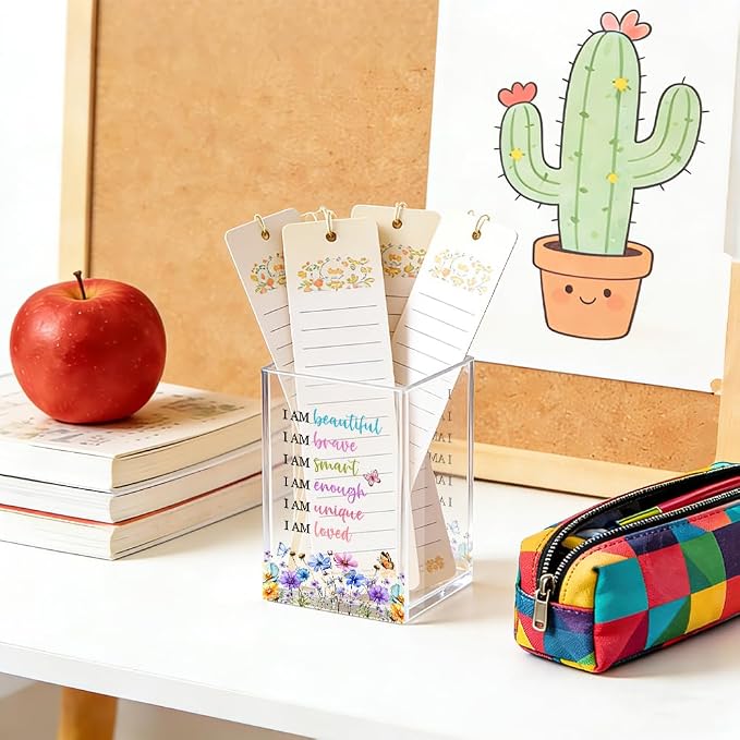 I Am Beautiful Affirmation Acrylic Pencil Pen Holder Cup, Wildflowers Makeup Brush Storage Organizer, Women Affirmation Desk Accessories Holder, Graduation Gifts for Daughter Niece