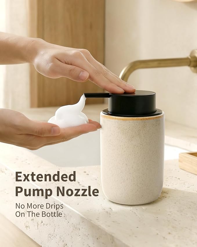 BosilunLife Foam Soap Dispenser, Hand Pump Dispenser for Kitchen Sink | Ceramic Foaming Hand Dispenser for Bathroom Modern Farmhouse Small Soap Dispenser (Greige with Speckle, Foam Pump)