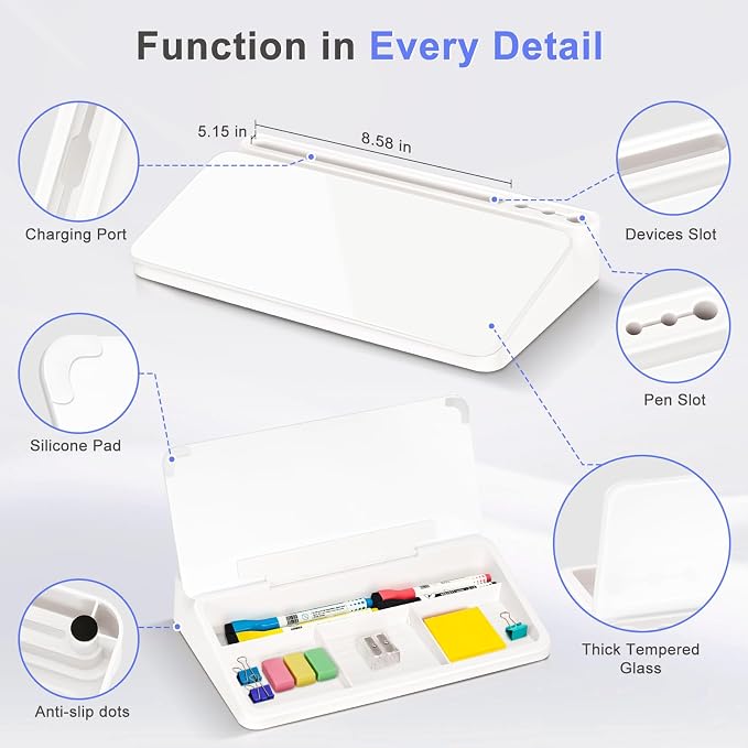 Small Desktop Glass Whiteboard with Storage, Desk Dry Erase White Board | Computer Keyboard Stand, Office Desk Organizers and Accessories with Drawer, To Do Memo Notepad, Home School Supplies