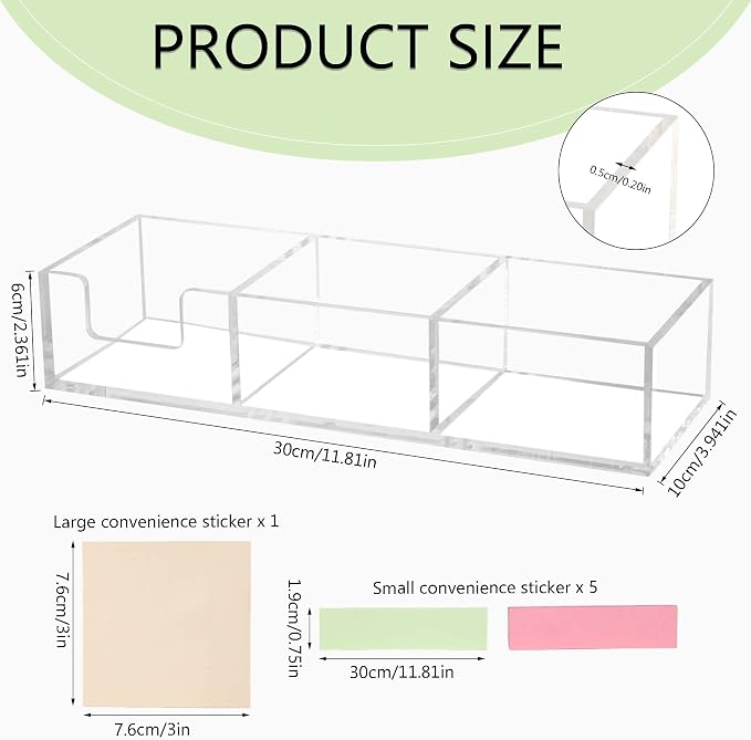 Acrylic 3in1 Sticky Note Holder Desk Organizer, 11.8" x 3.94" x 2.36" Self-Stick Memo Pad Dispenser for School Office Home Post Bank with 3 Compartments (DP003)
