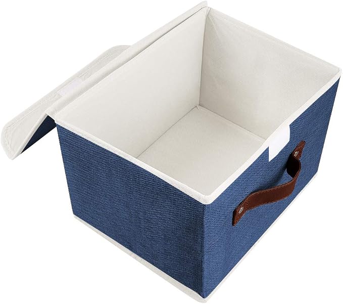 2Pack Storage Bins Boxes with Lids 10" x 8" x 7" Decorative Storage Baskets | Cotton Linen Fabric, Collapsible, Faux Leather Handles, Storage Cubes, Closet Shelf Clothes Organizer Container, Blue