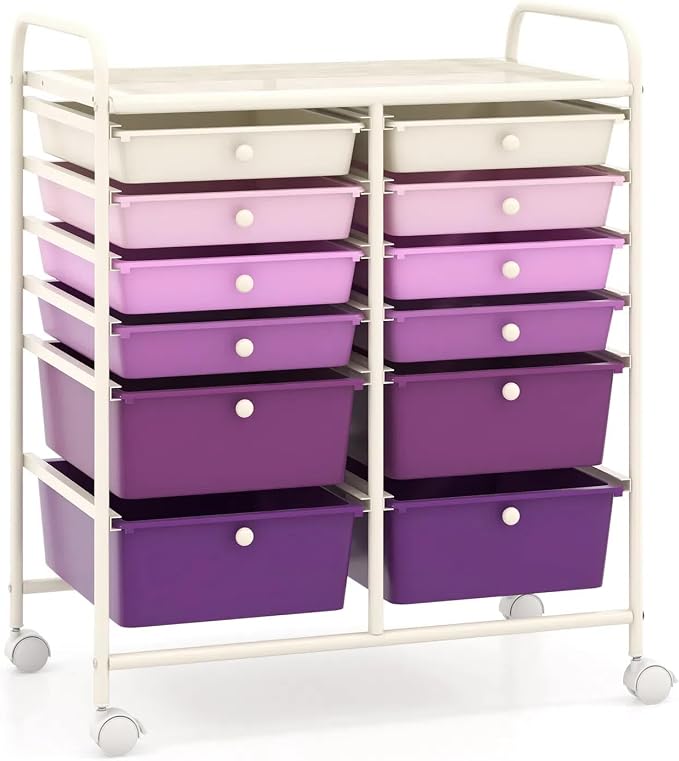 DREAMADE Rolling Cart with Storage Drawers, Utility Cart w/Removable Plastic Drawers, Lockable Wheels, Art Cart for Classroom Organization Art Supplies Office Scrapbook (12 Drawers, Purple Gradient)
