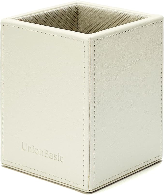 UnionBasic Square Pen Holder, Leather Pencil Cup, Desktop Caddy Stationery Organizer, Creamy White | Leather, Pencil Cup, Desktop Caddy, Stationery Organizer