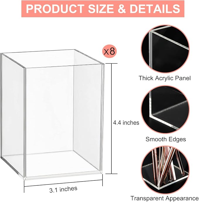 Mototo 8 Pieces Clear Acrylic Pen Holder Acrylic Pencil Cup Clear Makeup Bush Holder Acrylic Desktop Stationery Organizer for Office School Home Desk Accessories (8 Pack, Square)