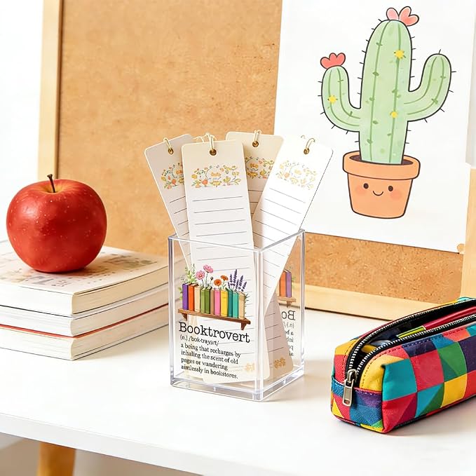 Booktrovert Acrylic Pencil Pen Holder Cup, Reading Book Club Makeup Brush Storage Organizer, Cute Bookish Desk Accessories Holder Gifts for Daughter Reading Lover Librarian Teacher Holders