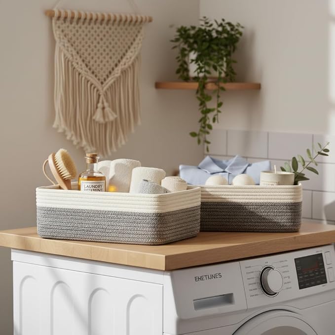 Large Shallow Basket, 15"x11"x5.1", Baskets for Organizing 2 Pack | Shallow Storage Basket for Organizing, Shelves, Living Room, Nursery, Bathroom, Cotton Rope Basket Organizer, Small Baskets