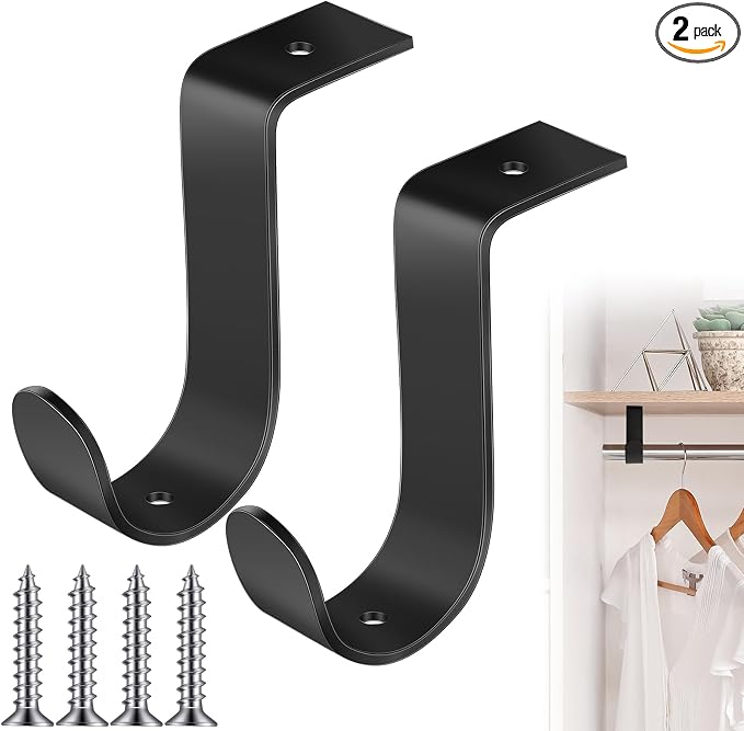 Hicarer 2 Pcs 1.38 Inch Closet Rod Brackets Heavy Duty Metal Wall Mount Rod Brackets with Screws Closet Pole Support for Living Room Bedroom Shelf Office(Black)