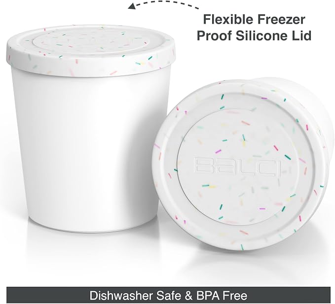 BALCI - Premium Ice Cream Containers (2 Pack - 1 Quart Each) Perfect Freezer Storage Tubs with Lids for Ice Cream, Sorbet and Gelato! - White With Sprinkles