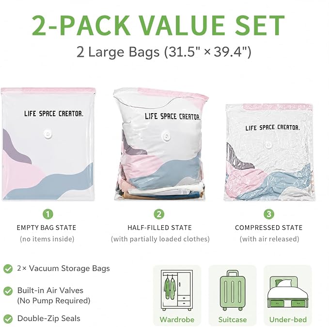 No Pump Vacuum Storage Bags, Large Cube Vacuum Seal Bags for Clothes, Comforters & Bedding, Space Saver Storage Bags, Press & Seal Compression Bags for Off-Season Storage, 31.5 x 39.4 x12.6in