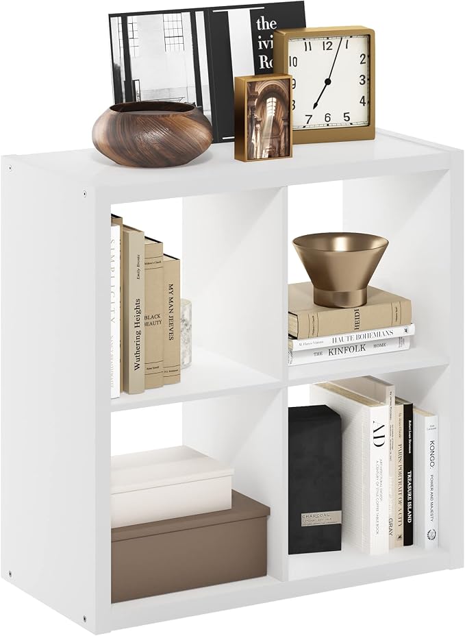 Furinno Cubicle Open Back Decorative Cube Storage Organizer, 4-Cube, White | 14.6" x 30" x 30", Reversible Bookcase with Open Back, for Living Room, Bedroom, Home Office
