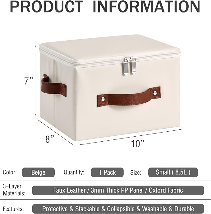 Storage Bin Box with Zippered Lid Decorative PU Leather Basket | Foldable Washable Stackable Clothing Container, Lidded Shelf Closet Organizer, with Handles & PP Plastic Boards, Beige-Small