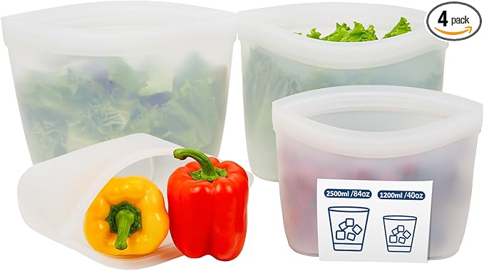 Silicone Bags for Food Storage, Reusable Food Storage Containers Zip Lock Silicone Bags Stand Up Snack Bags, Freezer Microwave Oven Dishwasher Safe, Plastice BPA-Free 4 Pack 2 Size(84oz & 40oz)