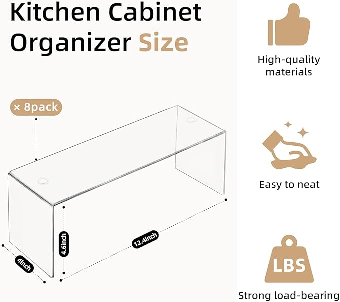 Aminigram 8 Packs Cabinet Organizer Shelf, Acrylic kitchen Cabinet Shelves, Shelf Riser for Dishes, Spices, Soda Cans and Bottles（12.4 x 4 x 4.6 inch）