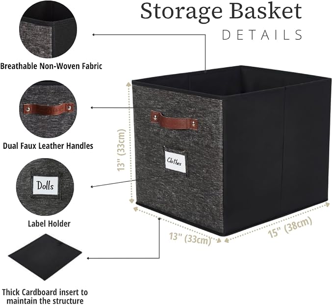 DECOMOMO Storage Baskets, 13x15x13 Storage Cube Bins with Labels for Organizing Shelves Kallax (Kallax / 4pcs, Black Pattern)